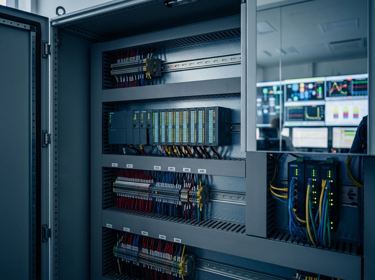 Tablero de control abierto con PLC, borneras identificadas y switches industriales; al fondo, pantallas SCADA de la sala de control