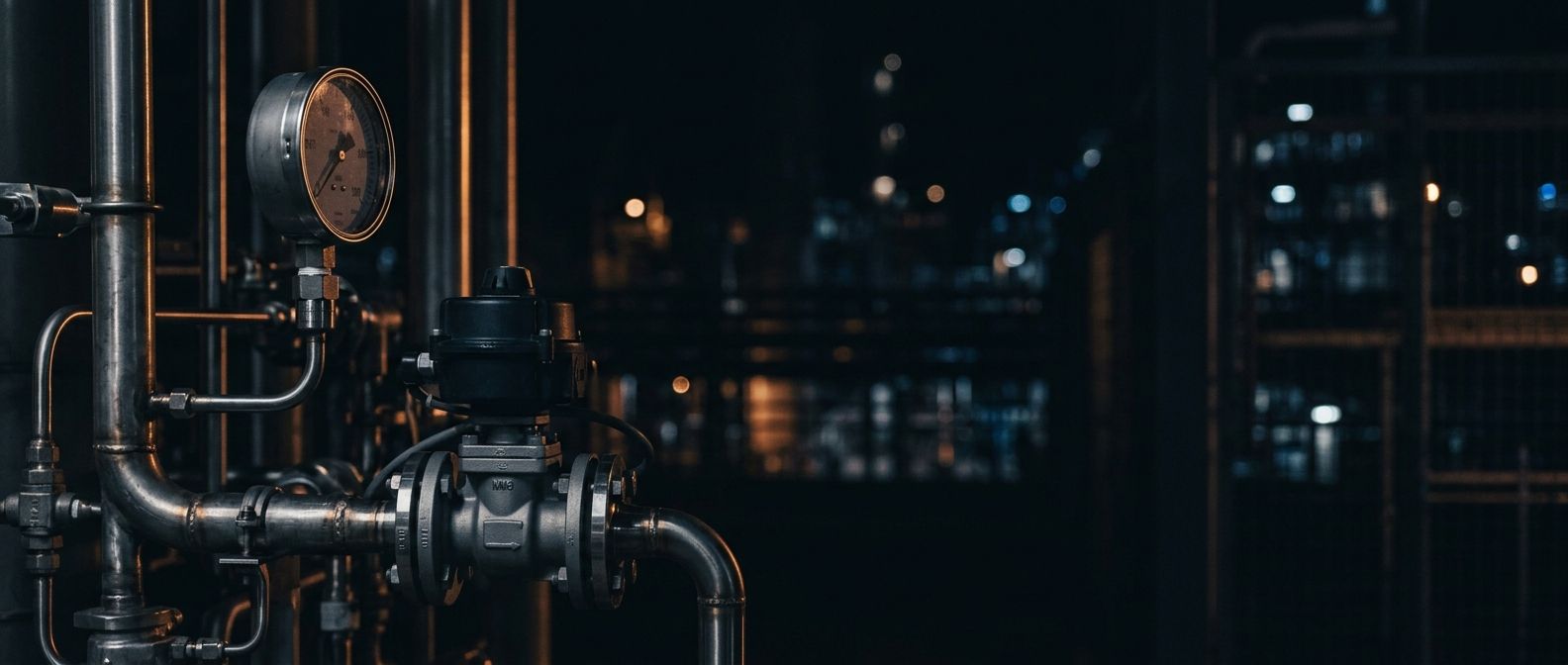 Manómetro y válvula de control sobre cañería de acero inoxidable en una planta industrial de noche