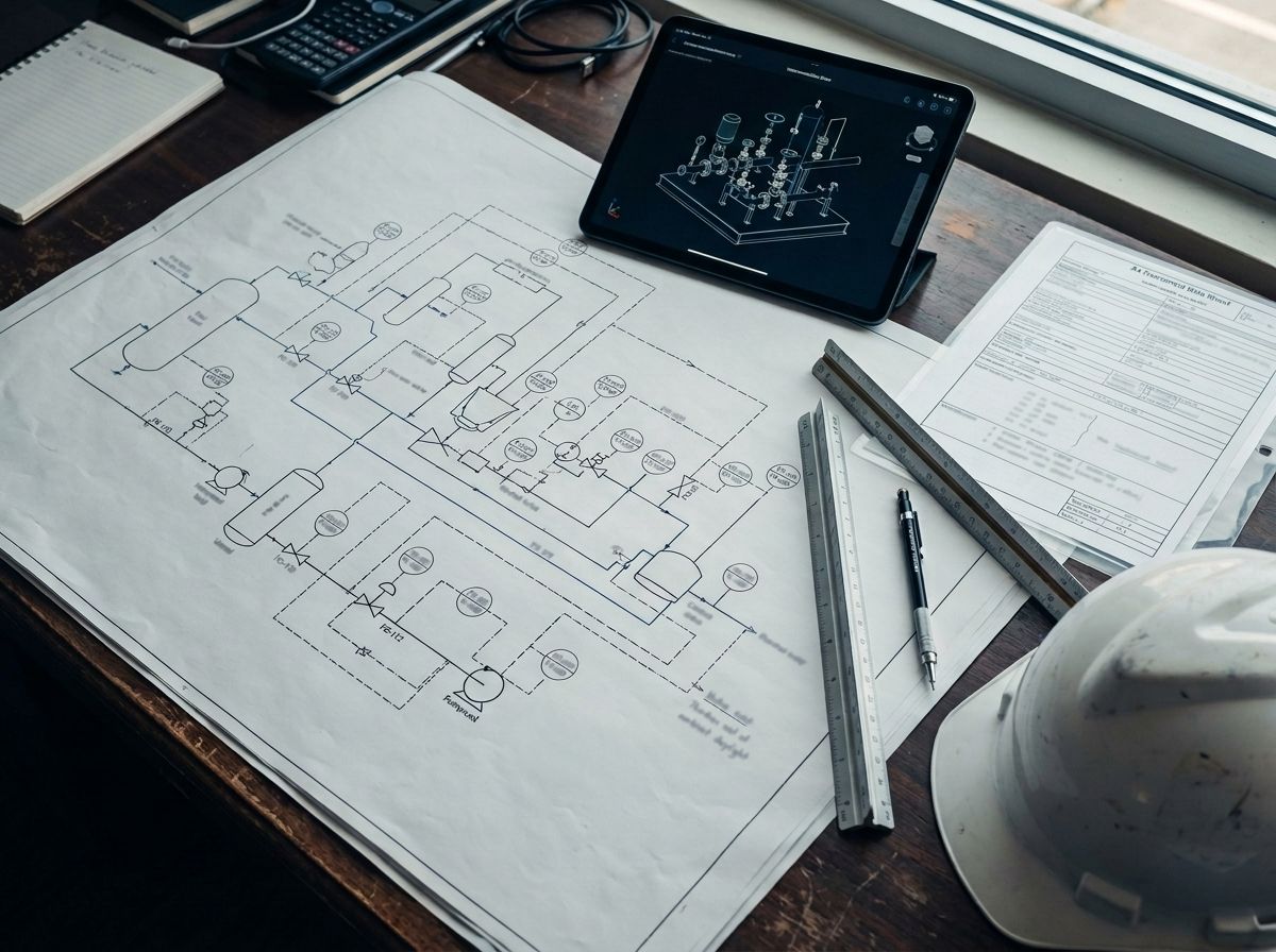 Plano P&ID con simbología de instrumentos, escalímetros, tableta con un modelo 3D y casco sobre un escritorio de ingeniería