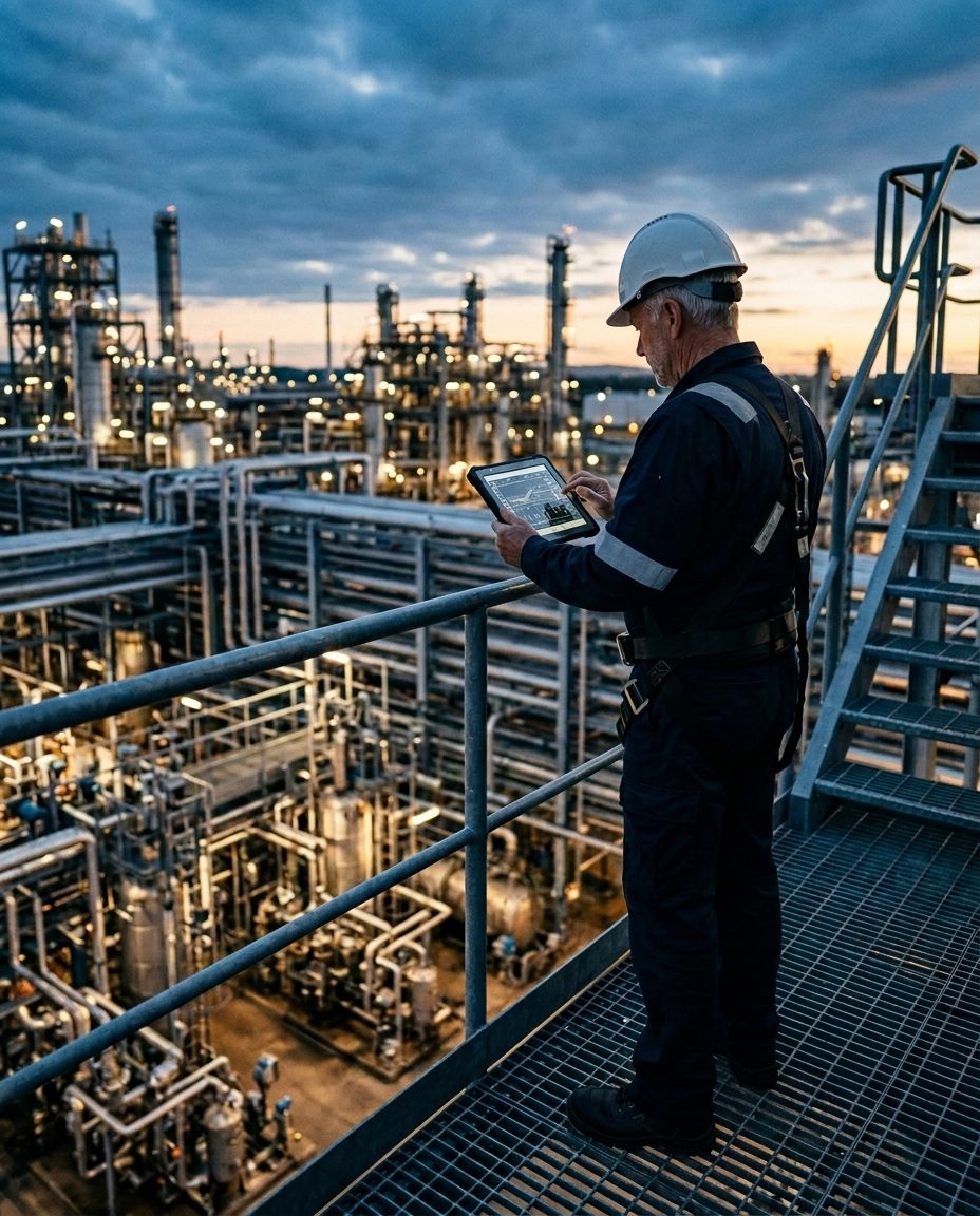 Ingeniero con casco y arnés revisando datos en una tableta desde una pasarela elevada, con vista a una planta de proceso al atardecer